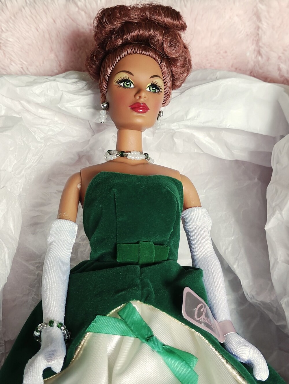 Velvet 'N' Bows Charice Doll By MiKelman #10699 Red Hair,  Green & Ivory Gown